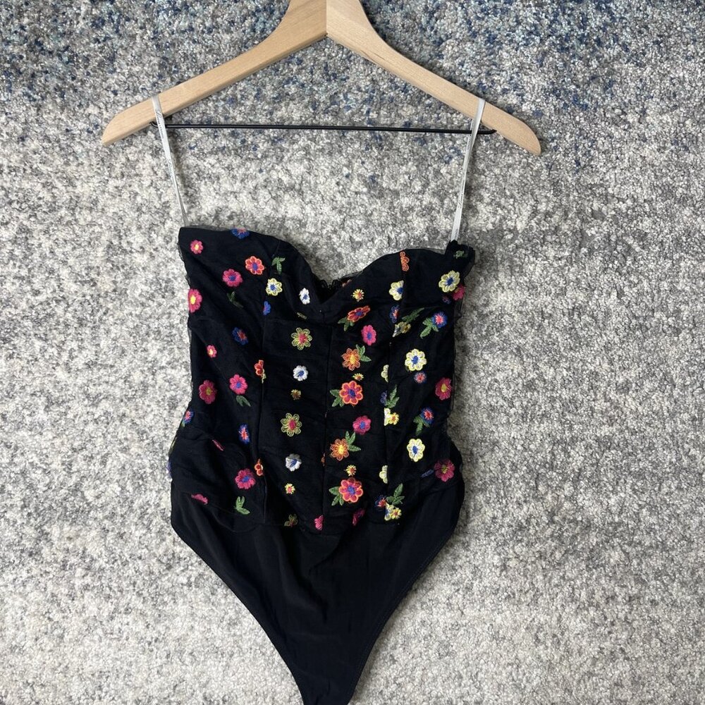 Lovers‎ + Friends Bodysuit Womens Small Floral Embroidered Strapless Ruched Top